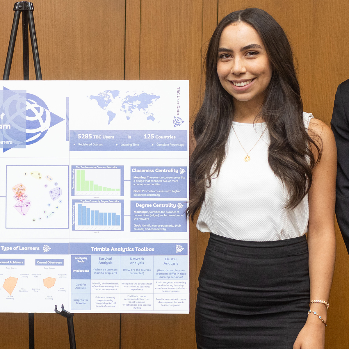 A student standing next to their poster presentation of a consulting project for Trimble.